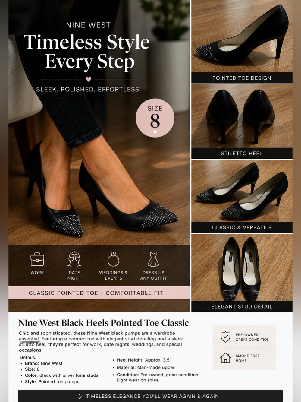 Nine West Black Heels Pointed Toe Classic Women’s Classic Pumps Size 8